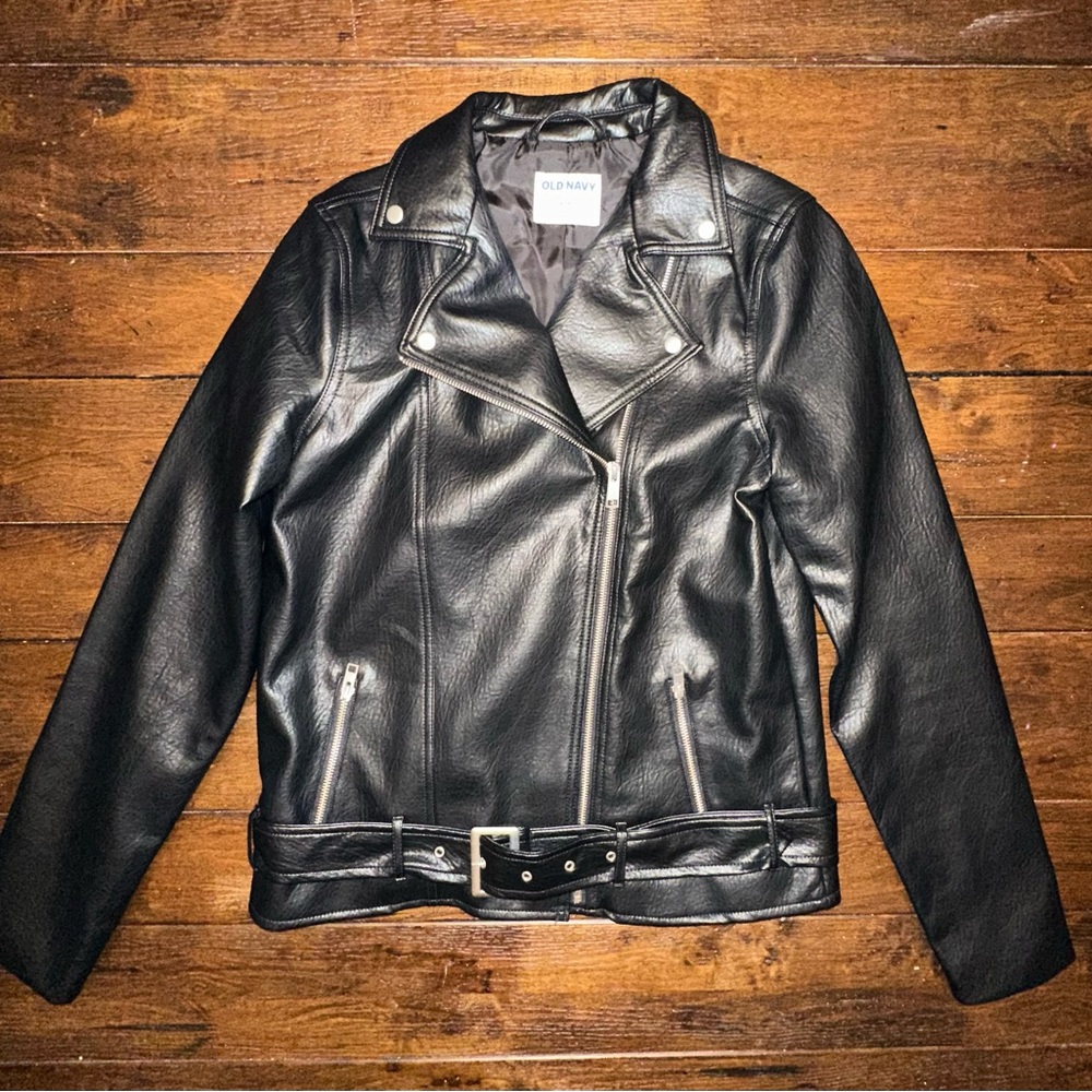 Black Faux-Leather Belted Biker Jacket